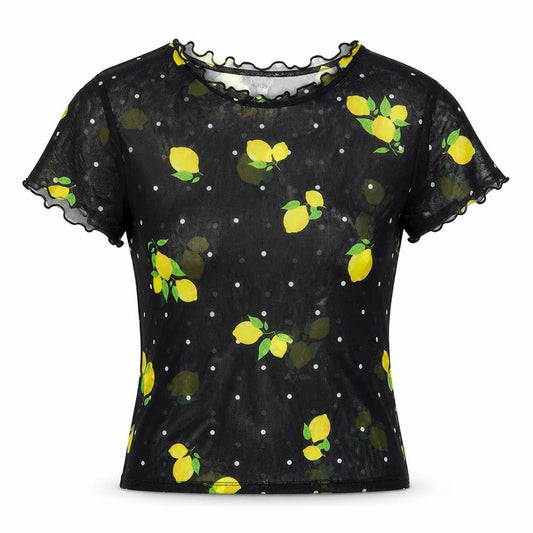 Primark Womens Black Geometric Polyester Cropped T-Shirt Size 4 Crew Neck - Lemon print