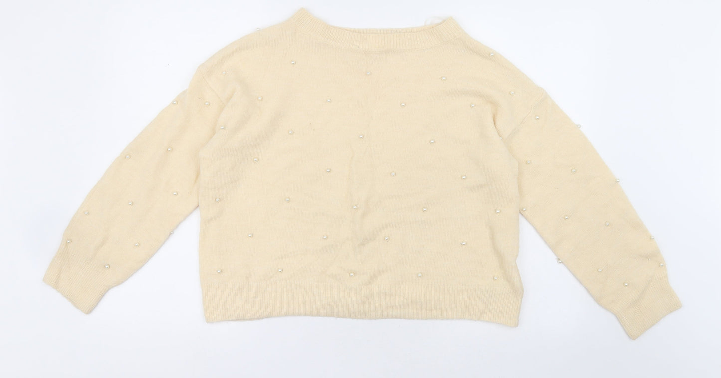 h7m Womens Ivory Crew Neck  Acrylic Pullover Jumper Size S   - Beads