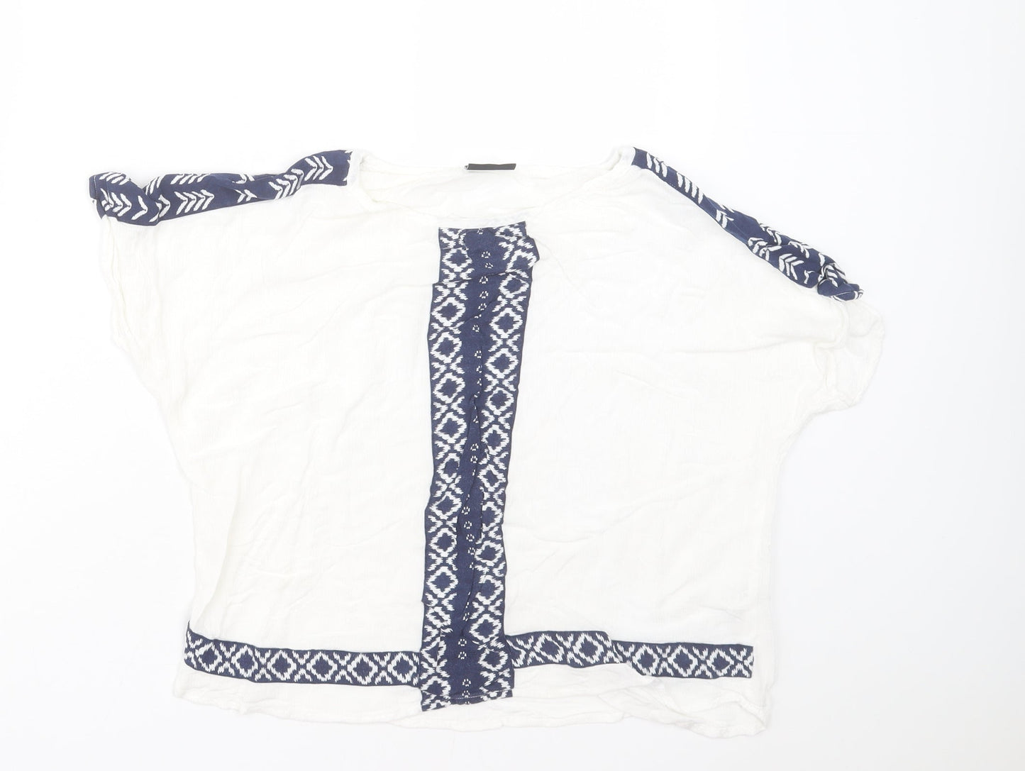 VILA Womens White Geometric Viscose Cropped T-Shirt Size M Crew Neck