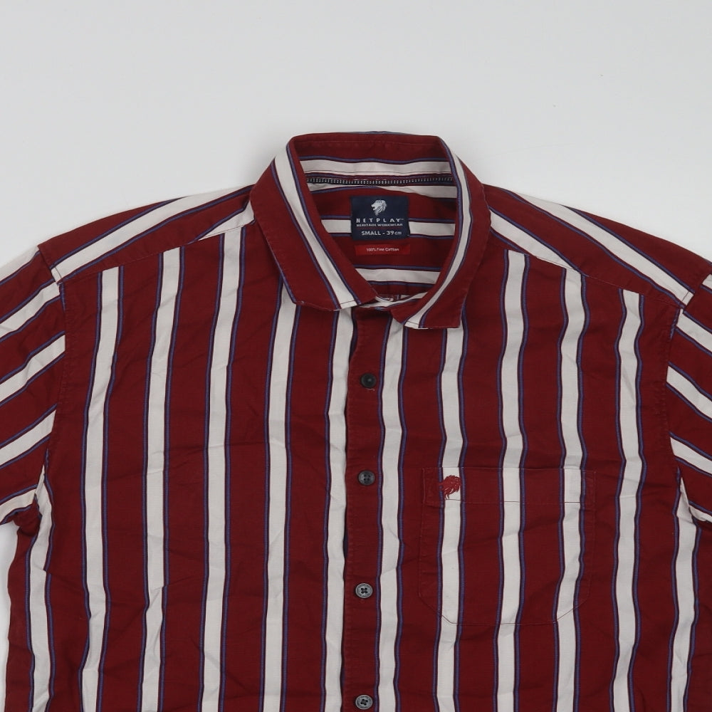 Netplay Mens Red Striped Cotton  Button-Up Size S Collared Button