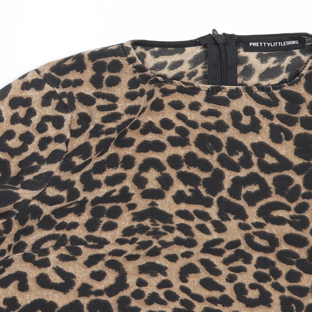 PRETTYLITTLETHING Womens Brown Animal Print Polyester Basic Blouse Size 4 Round Neck