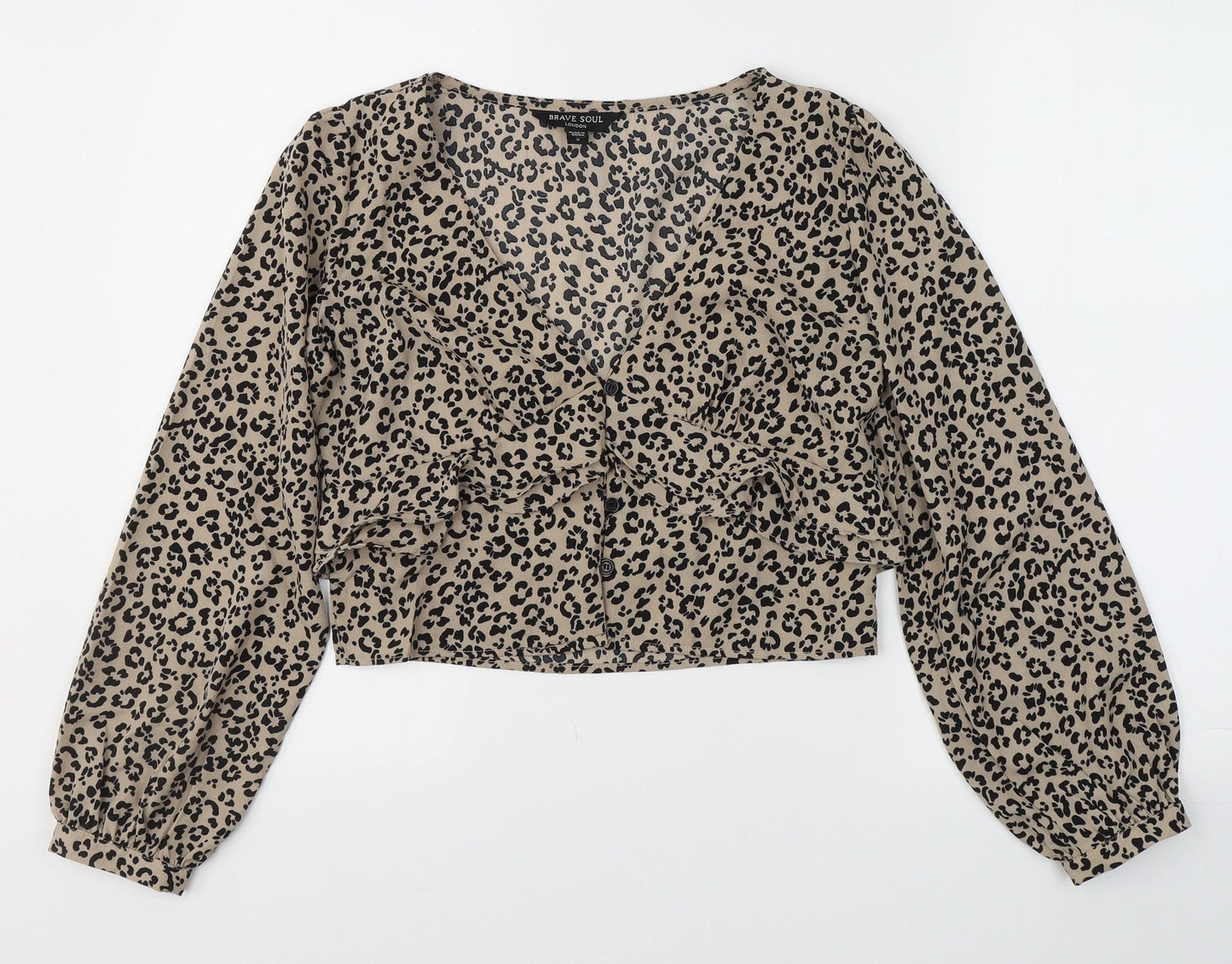 Brave Soul Womens Beige Animal Print Polyester Basic Blouse Size S V-Neck
