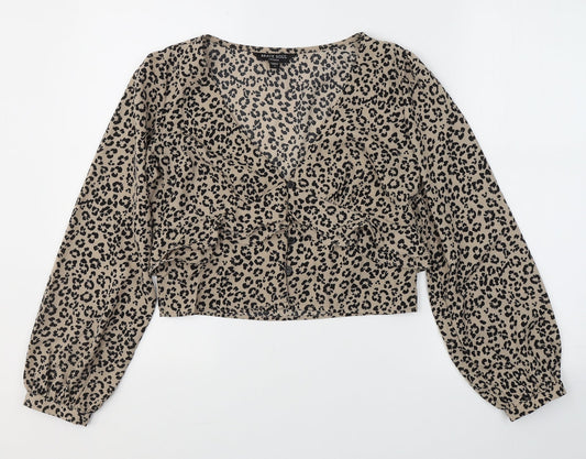 Brave Soul Womens Beige Animal Print Polyester Basic Blouse Size S V-Neck