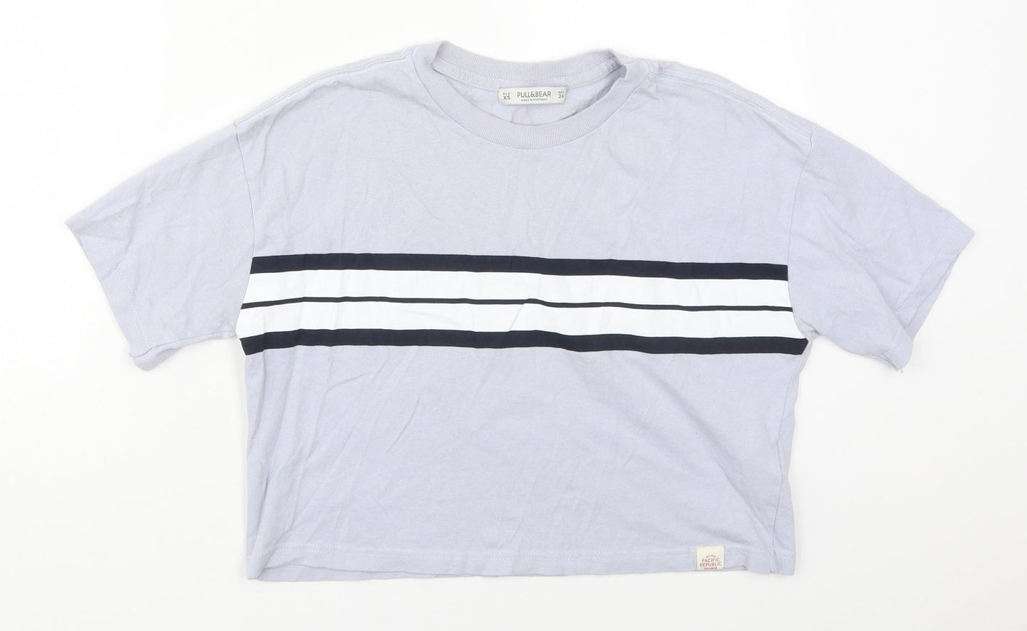 Pull&Bear Womens Blue Striped Cotton Cropped T-Shirt Size XS Crew Neck