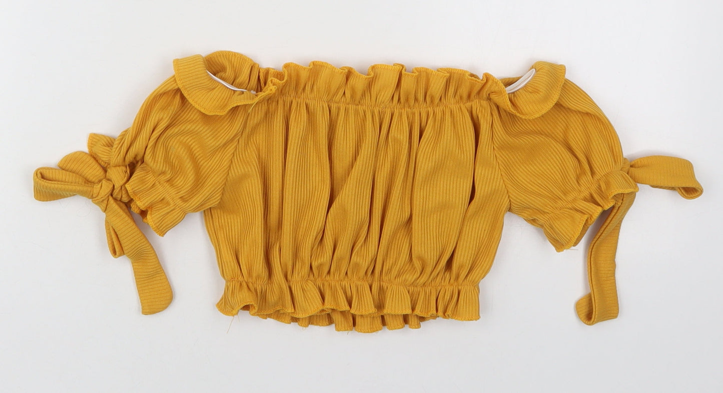 PRETTYLITTLETHING Womens Yellow  Polyester Cropped Blouse Size 4 Off the Shoulder