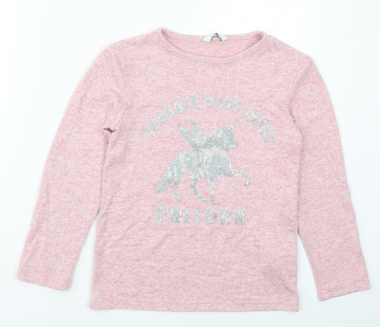 Primark Girls Pink  Viscose Basic T-Shirt Size 9-10 Years Round Neck Pullover - Embrace Your Inner Unicorn
