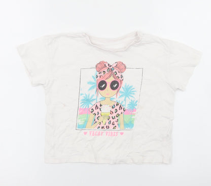 Dunnes Girls White  Cotton Cropped T-Shirt Size 5-6 Years Crew Neck  - Vacay Vibes