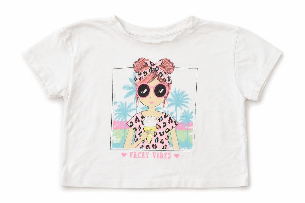 Dunnes Stores Girls White  Cotton Cropped T-Shirt Size 5-6 Years Crew Neck  - Vacay Vibes