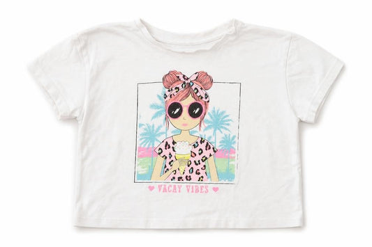 Dunnes Girls White  Cotton Cropped T-Shirt Size 5-6 Years Crew Neck  - Vacay Vibes