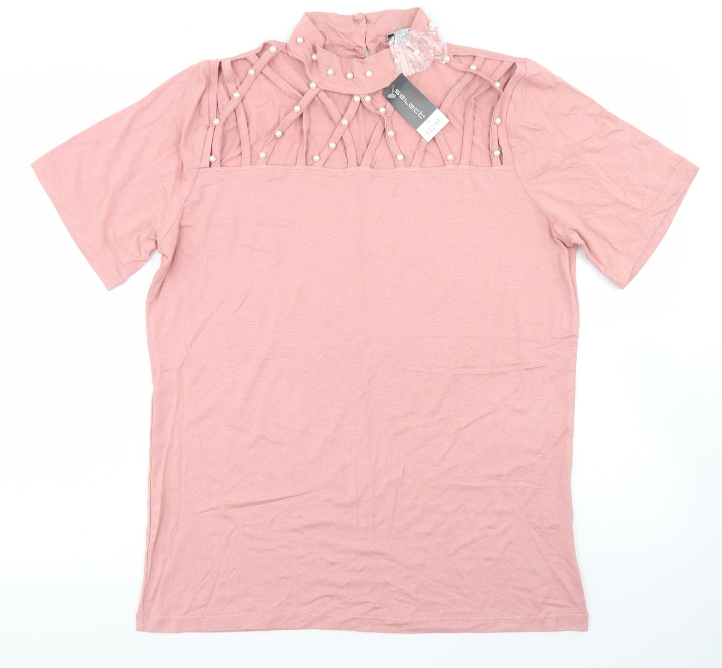 Select Womens Pink  Viscose Basic T-Shirt Size XL Mock Neck - Cut Out