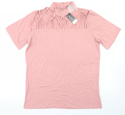 Select Womens Pink  Viscose Basic T-Shirt Size XL Mock Neck - Cut Out