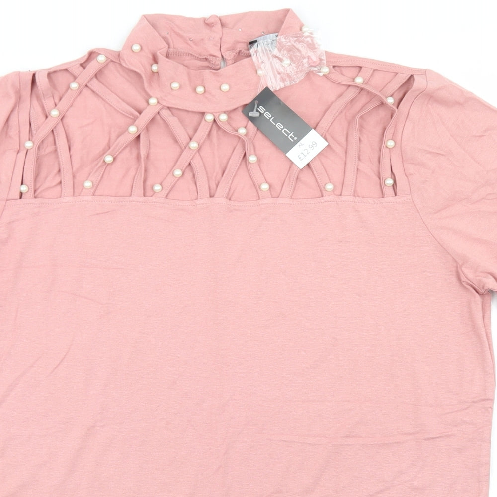 Select Womens Pink  Viscose Basic T-Shirt Size XL Mock Neck - Cut Out