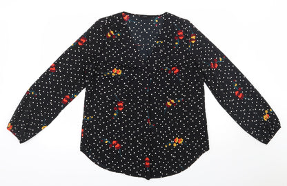 Preloved Papaya Womens Black Polka Dot Polyester Basic Blouse Size 12 V-Neck - Front