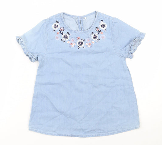 George Girls Blue  100% Cotton Basic Blouse Size 6-7 Years Round Neck Button - Flower embroidery