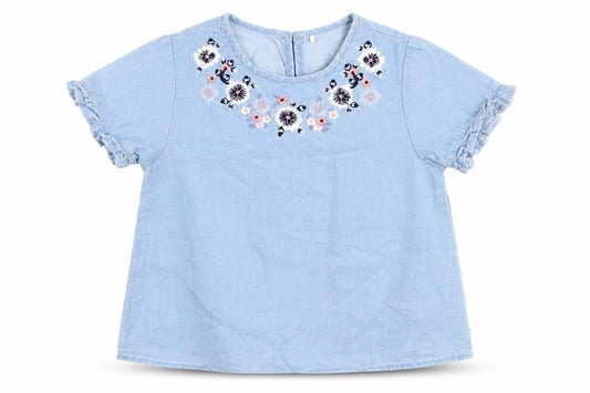 George Girls Blue  100% Cotton Basic Blouse Size 6-7 Years Round Neck Button - Flower embroidery