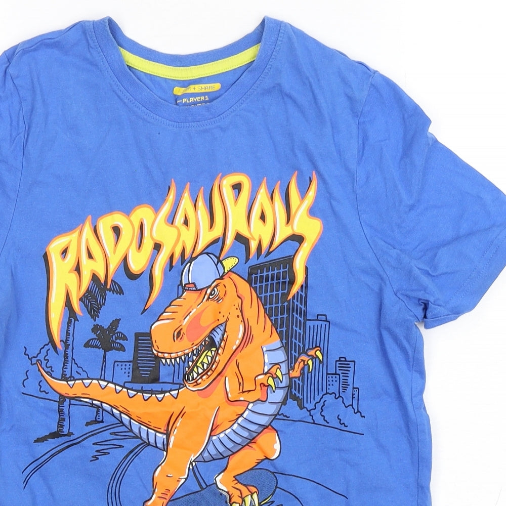 F&F Boys Blue  Cotton Basic T-Shirt Size 11-12 Years Round Neck Pullover - Dinosaur Print