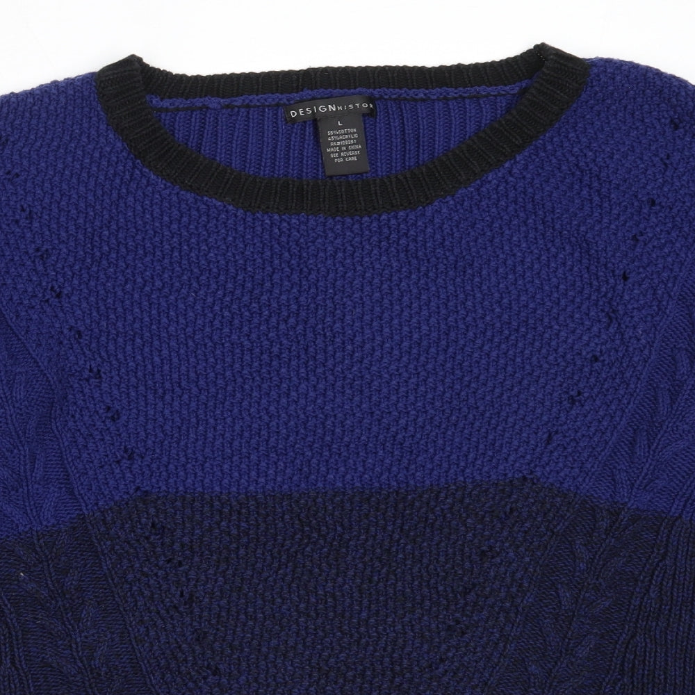 Design History Womens Blue Round Neck  Cotton Pullover Jumper Size L