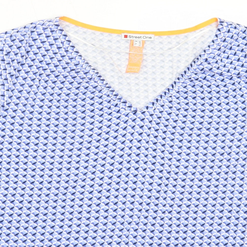 Street One Womens Blue Geometric Viscose Basic T-Shirt Size 14 V-Neck