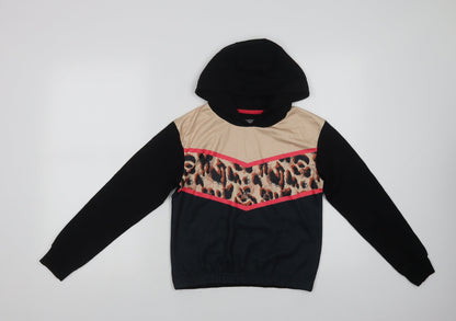 Preloved Studio Girls Black Animal Print Polyester Pullover Hoodie Size 12-13 Years - Front