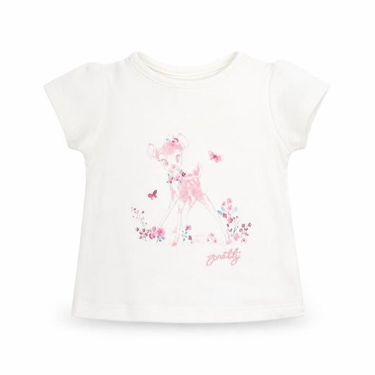 George Girls White  100% Cotton Basic T-Shirt Size Newborn Round Neck  - Bambi, Disney