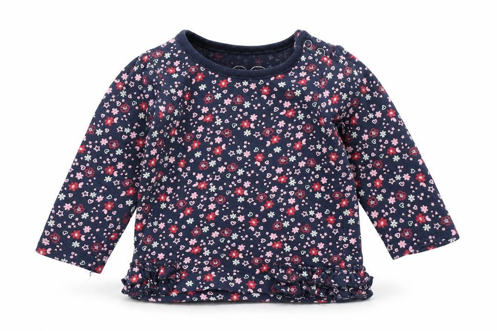 Early Days Girls Blue Floral 100% Cotton Basic T-Shirt Size 0-3 Months Round Neck Snap - Flowers