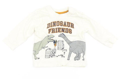 Primark Boys Ivory  100% Cotton Basic T-Shirt Size 3-6 Months Round Neck Snap - Dinosaur