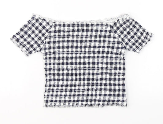 Primark Girls Blue Check Cotton Basic T-Shirt Size 6-7 Years Boat Neck