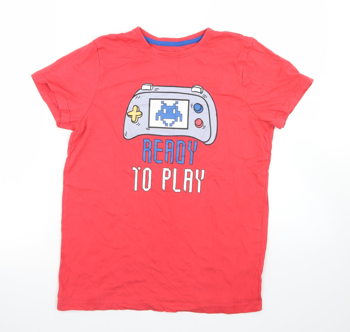 Jeff & Co Boys Red  Cotton Basic T-Shirt Size 11-12 Years Crew Neck  - Gaming