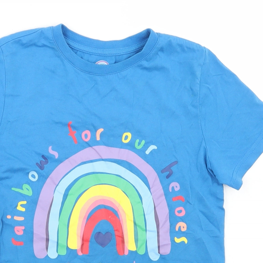 F&F Boys Blue  Cotton Basic T-Shirt Size 7-8 Years Crew Neck  - Rainbow