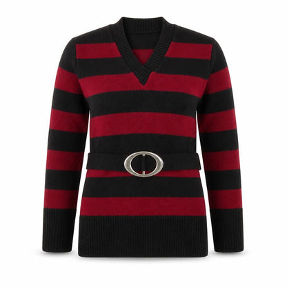 Etiquette Womens Red V-Neck Striped Acrylic Pullover Jumper Size XL