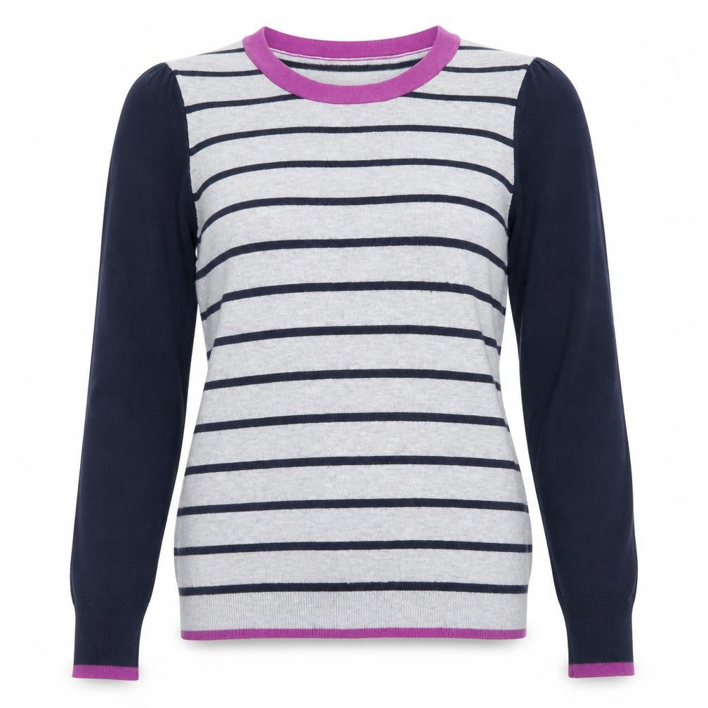 M&Co Womens Grey Crew Neck Striped Acrylic Pullover Jumper Size 12