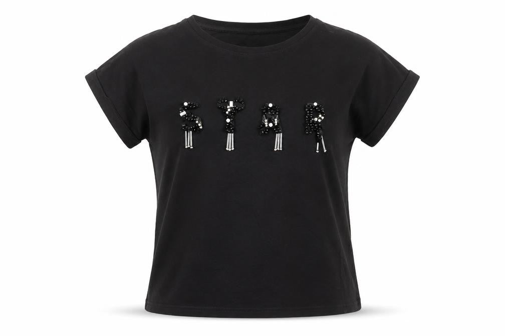 sweewe Womens Black  Cotton Basic T-Shirt Size S Crew Neck - Star