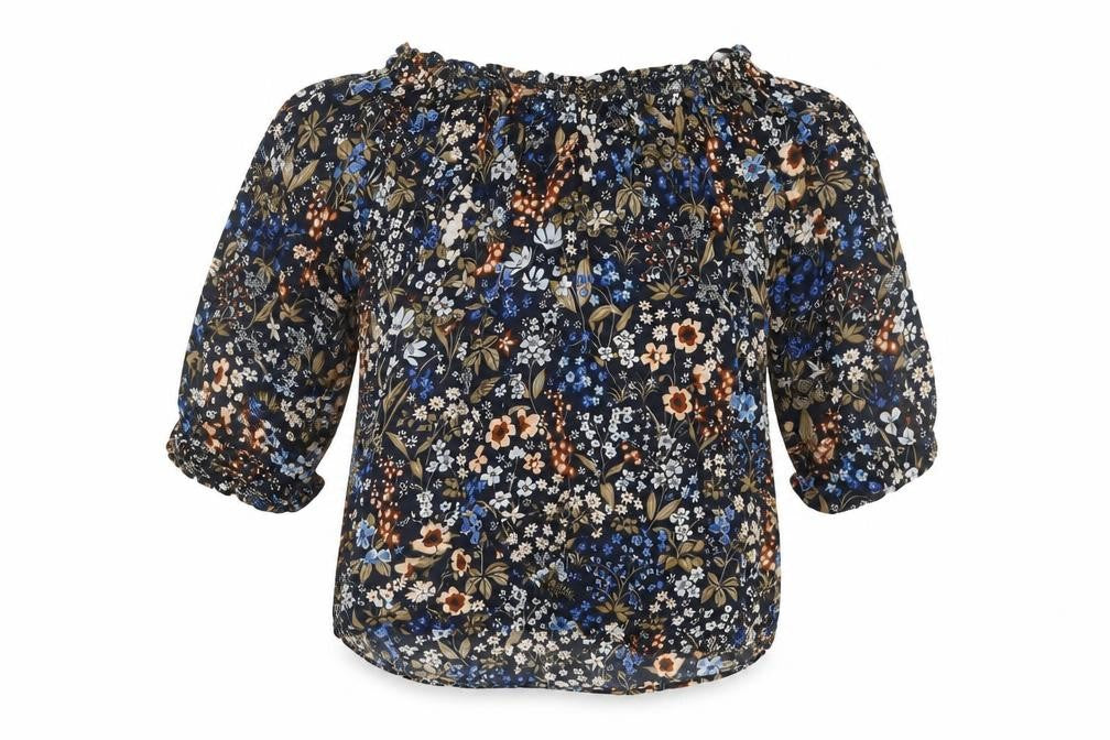 Stradivarius Womens Blue Floral Viscose Basic Blouse Size S Off the Shoulder