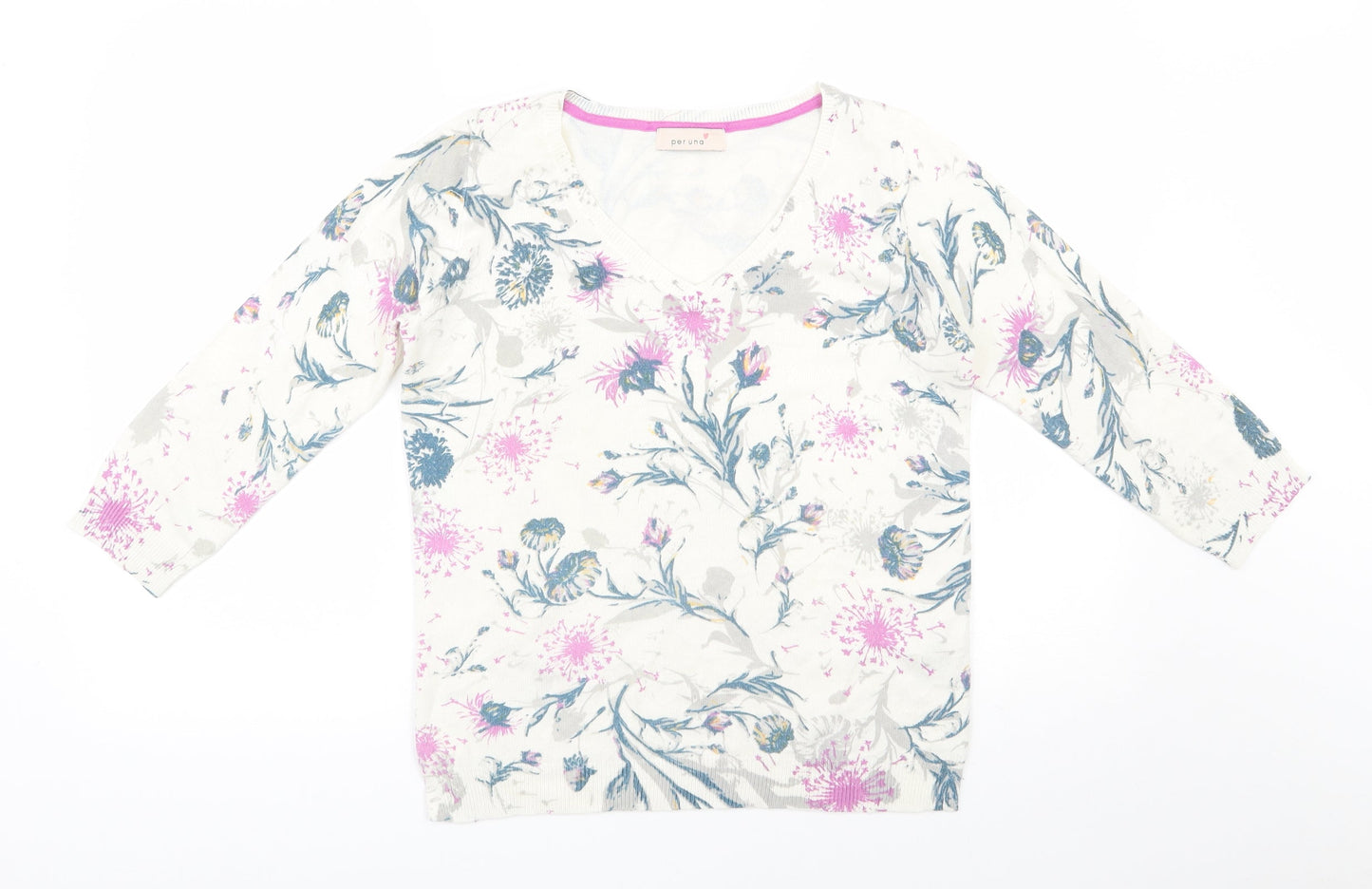 Per Una Womens Ivory V-Neck Floral Acrylic Pullover Jumper Size 8