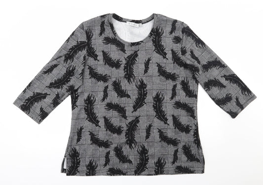 Bicalla  Womens Black Houndstooth Viscose Jersey T-Shirt Size L Scoop Neck - Feather pattern