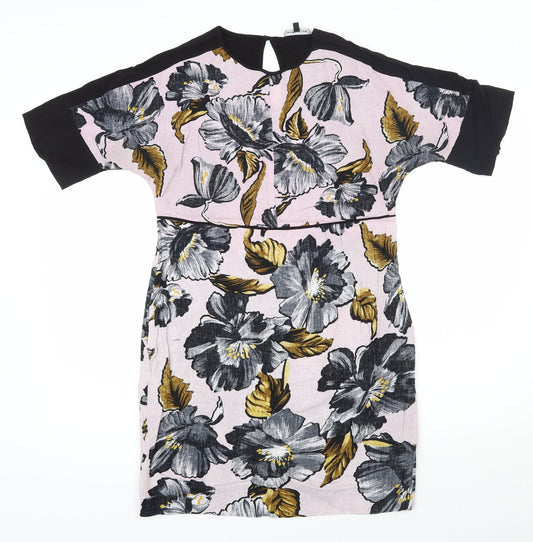 Warehouse Womens Pink Floral Viscose Shift  Size 6  Round Neck Pullover