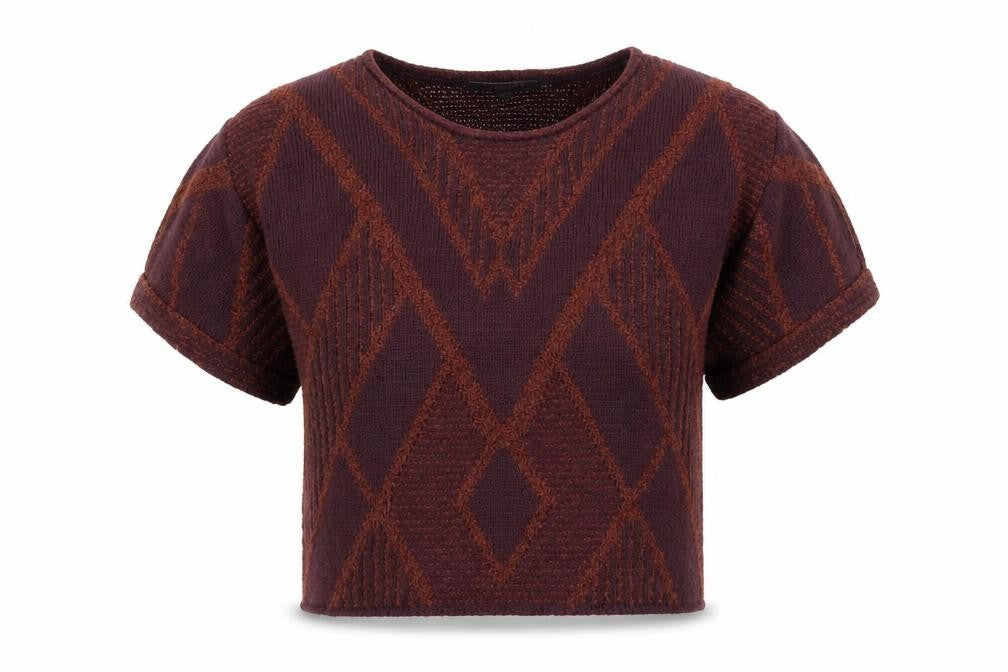 Limited Collection Womens Purple Argyle/Diamond Acrylic Cropped Blouse Size M Round Neck
