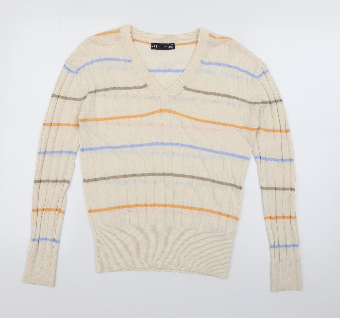 Marks and Spencer Womens Ivory V-Neck Striped Viscose Pullover Jumper Size XS