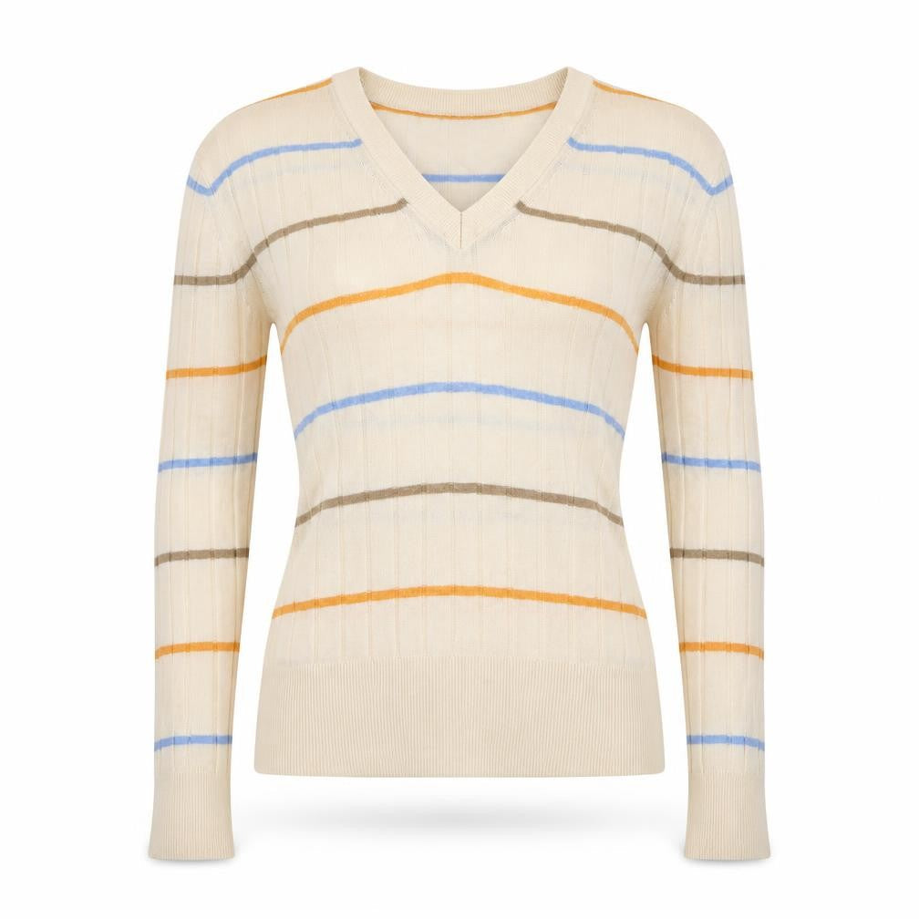 Marks & Spencer Womens Ivory V-Neck Striped Viscose Pullover Jumper Size XS