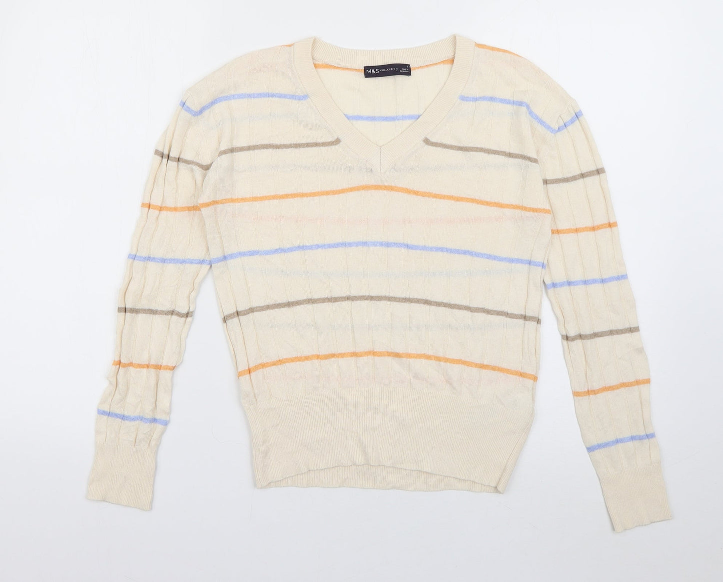 Marks and Spencer Womens Ivory V-Neck Striped Viscose Pullover Jumper Size S