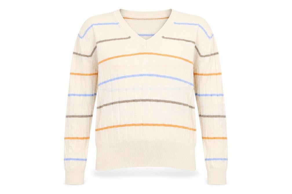 Marks & Spencer Womens Ivory V-Neck Striped Viscose Pullover Jumper Size S