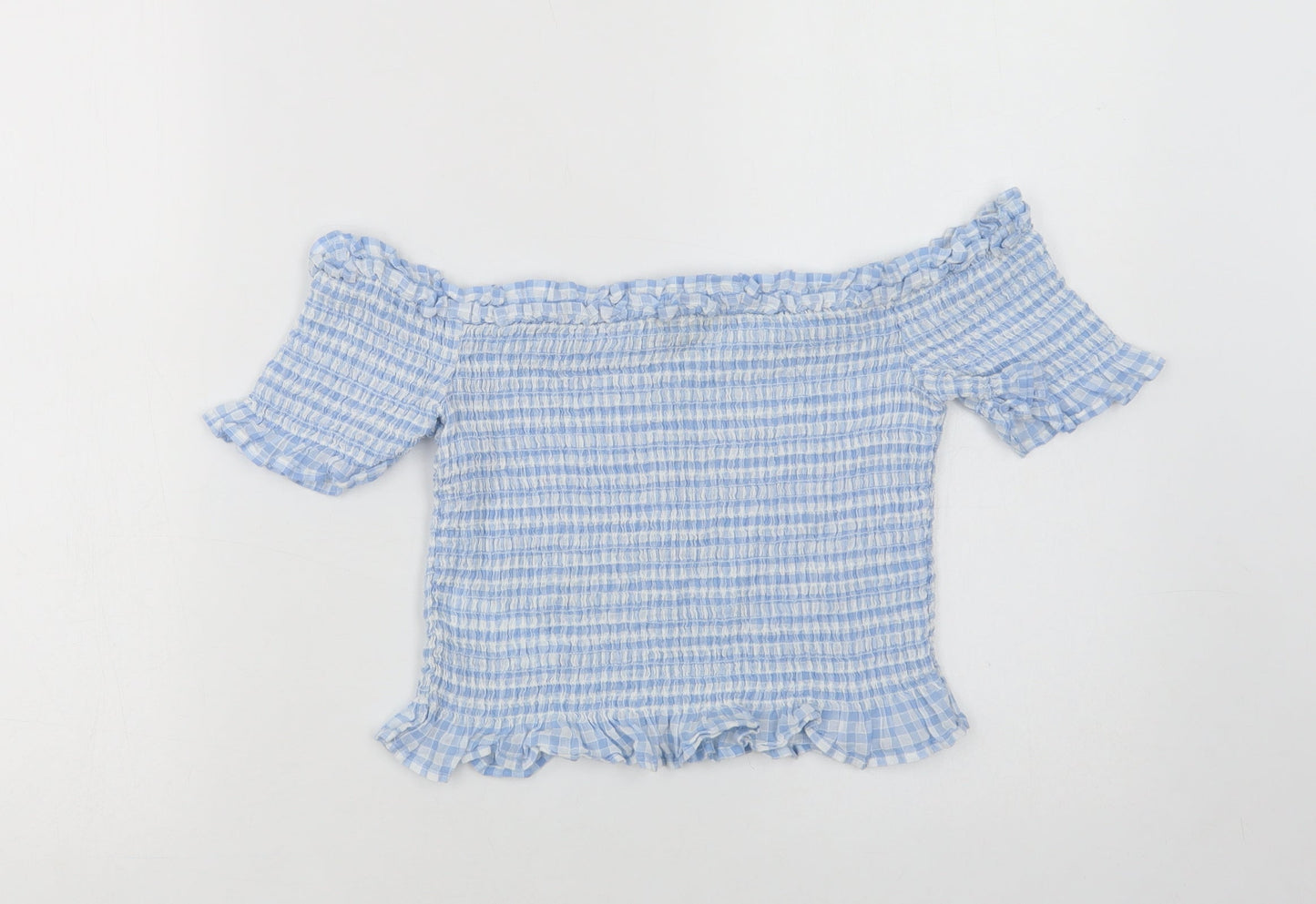Miss Selfridge Womens Blue Check Cotton Cropped Blouse Size 10 Square Neck