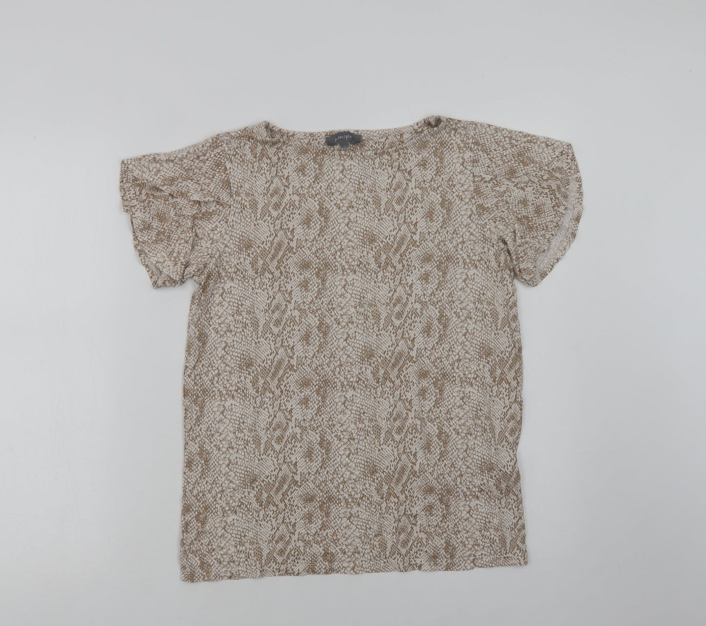 Princi Womens Beige Animal Print Viscose Basic Blouse Size 10 Crew Neck