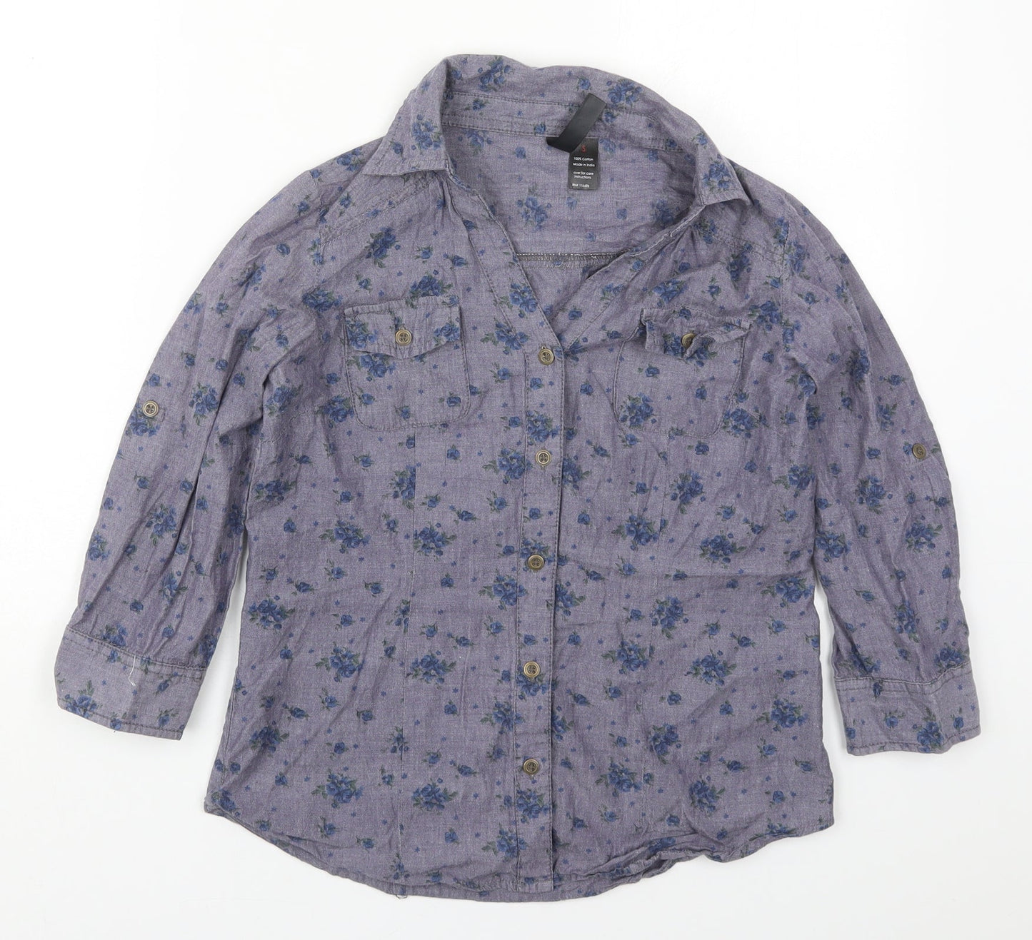 Fun & Flirt Womens Blue Floral Cotton Basic Button-Up Size S Collared