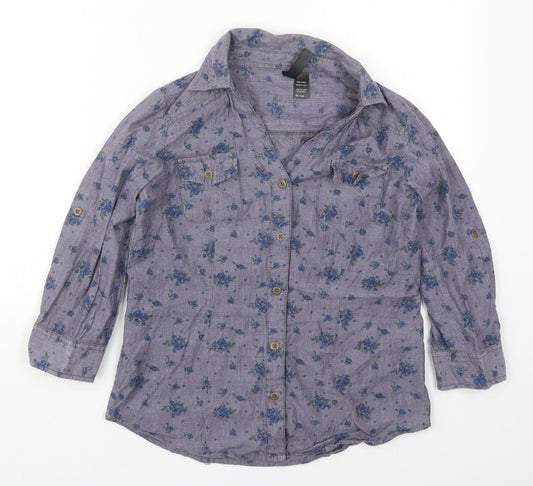 Fun & Flirt Womens Blue Floral Cotton Basic Button-Up Size S Collared