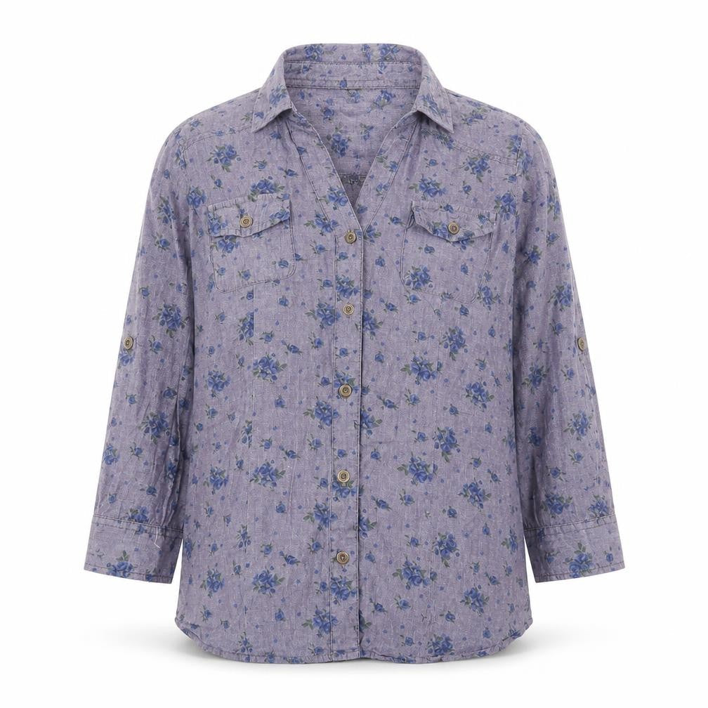 Fun & Flirt Womens Blue Floral Cotton Basic Button-Up Size S Collared