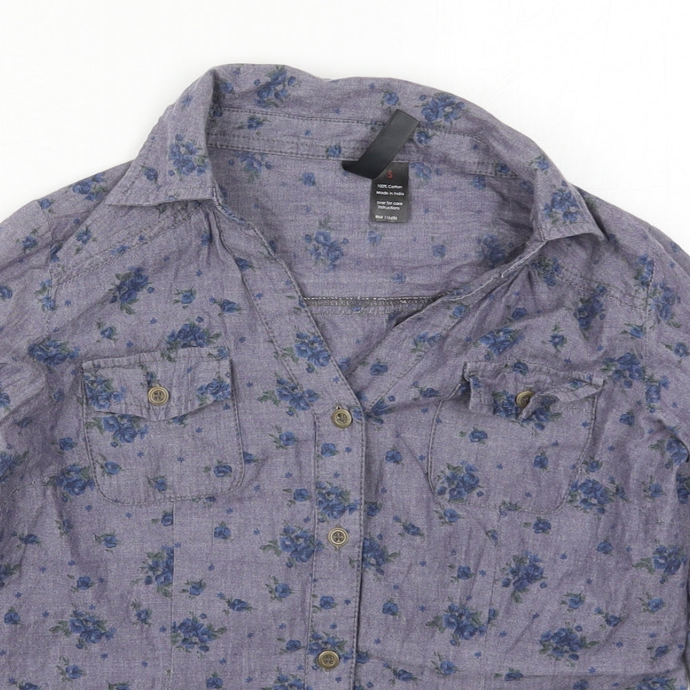 Fun & Flirt Womens Blue Floral Cotton Basic Button-Up Size S Collared