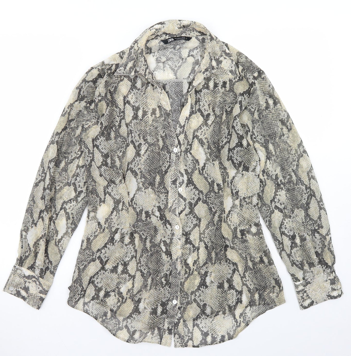 Zara Womens Beige Animal Print Polyester Basic Blouse Size S Collared
