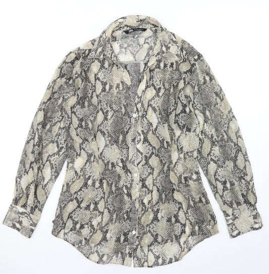 Zara Womens Beige Animal Print Polyester Basic Blouse Size S Collared