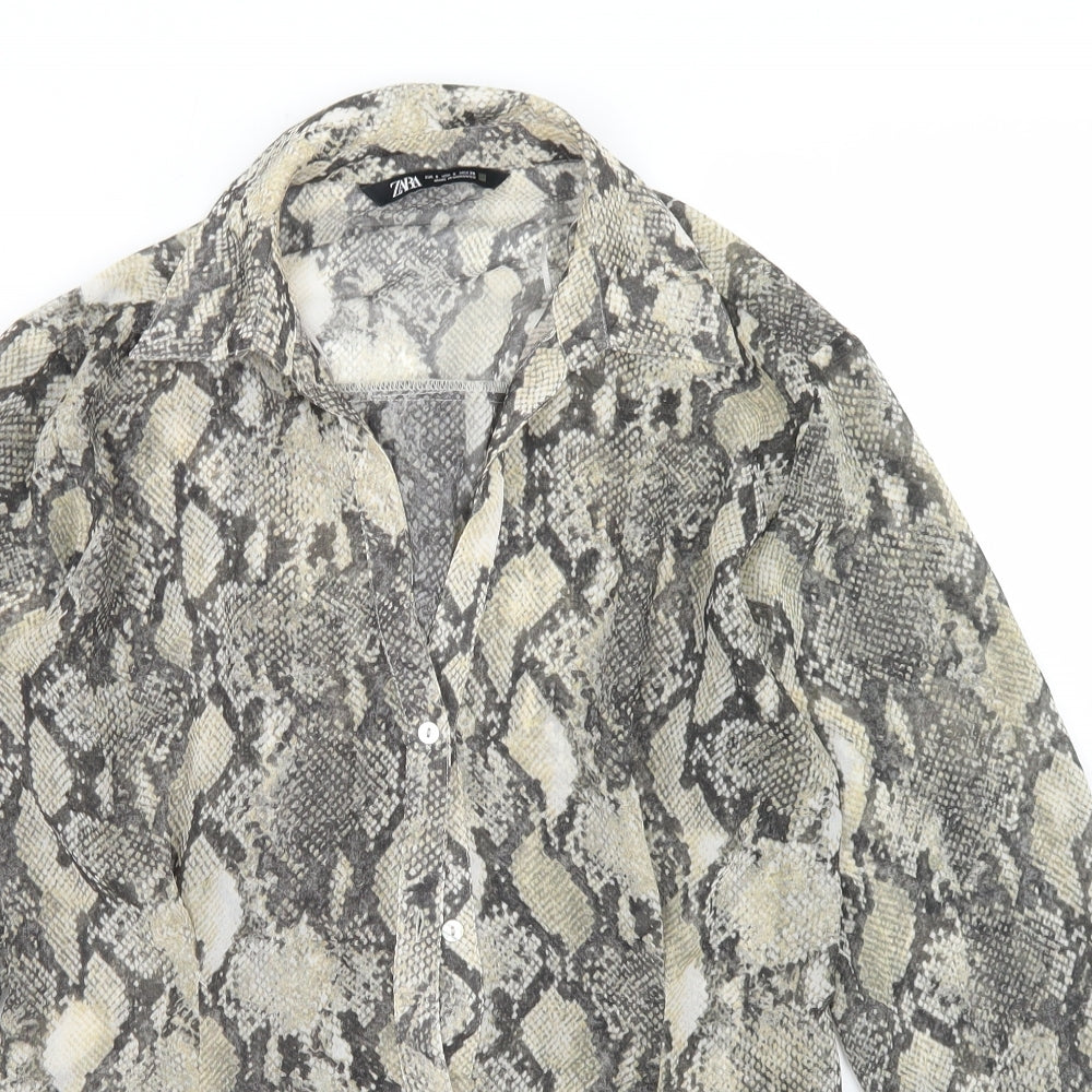 Zara Womens Beige Animal Print Polyester Basic Blouse Size S Collared